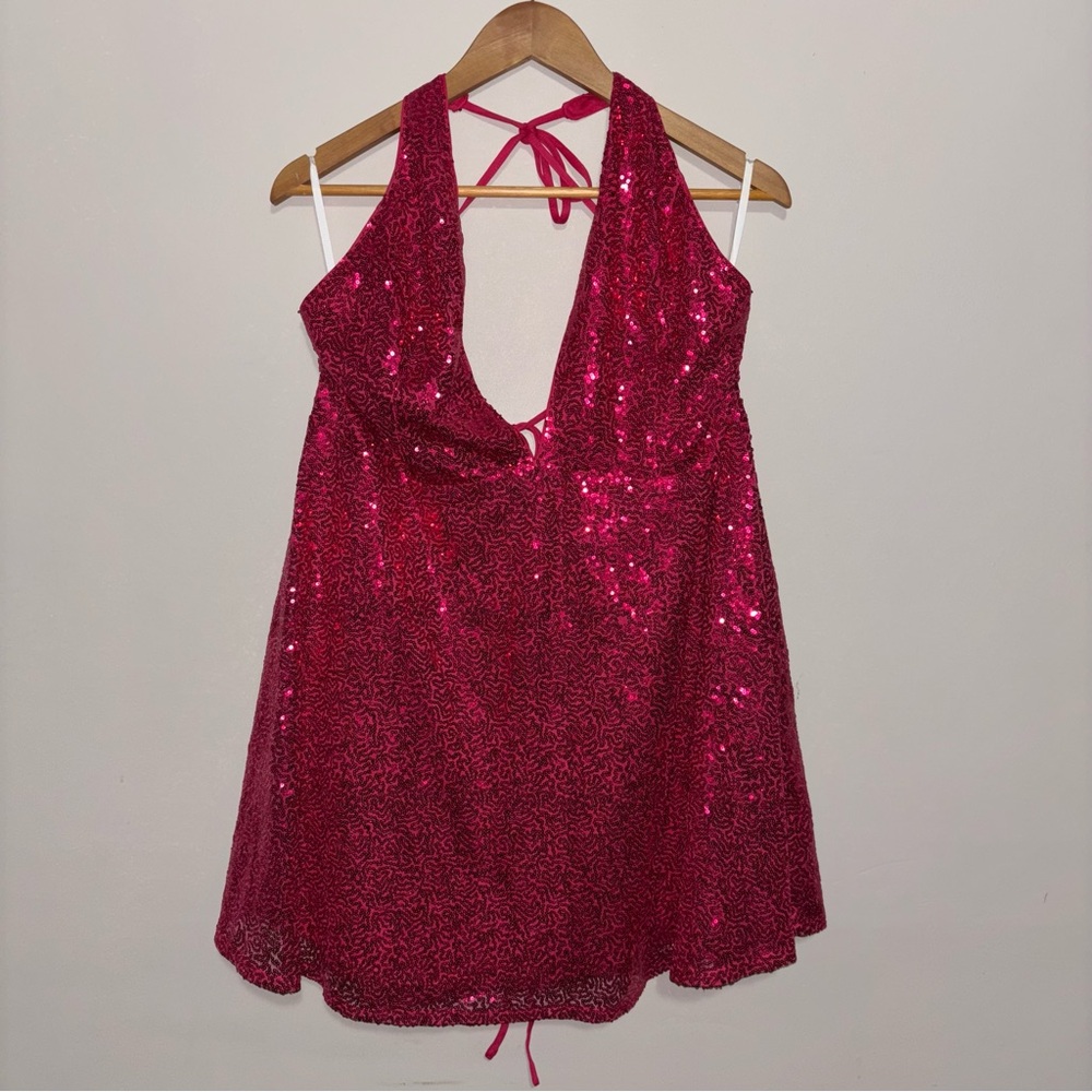 Barbiecore Backless Hot Pink Sequin Deep V Neck Party Birthday HOCO Dress | 2XL